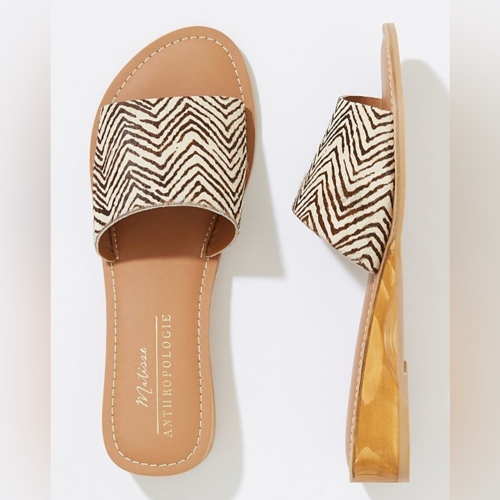 Anthropologie Matisse Havana Slide Sandals Cow Hair Leather Wooden Heel Summer